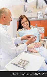 Visit at dentist showing female patient model of teeth