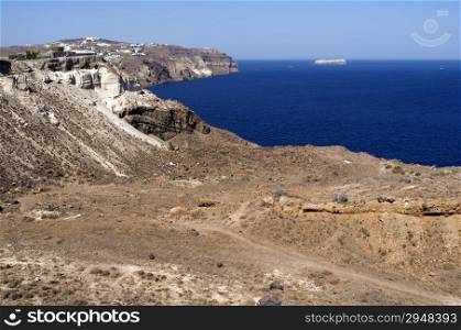 Vista in Megalochori on the island of Santorini in Greece.