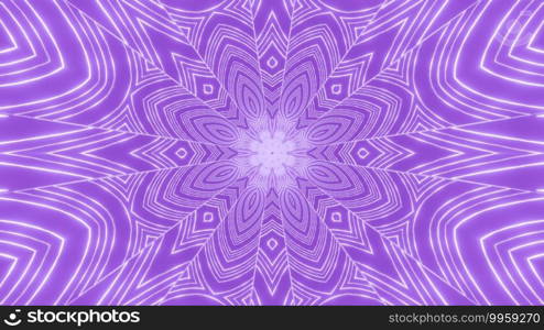 Visual 3d illustration symmetrical abstract background with glowing white flower shaped ornament on bright purple backdrop creating perspective kaleidoscopic pattern. Purple kaleidoscopic floral ornament 3d illustration