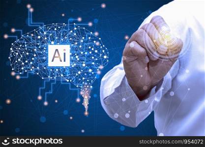 Visual effects. Future technology interface.Working with future technology called A.I. Artificial Intelligence and process analytical thinking to increase efficiency to achieve results of success.