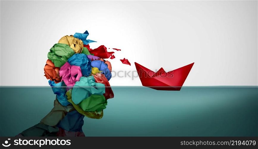 Visual metaphor solutions and Innovative ideas with a designer creative mind concept or brainstorm idea with smart design as a paper human head releasing a boat representing communication strategy in a 3D illustration style.