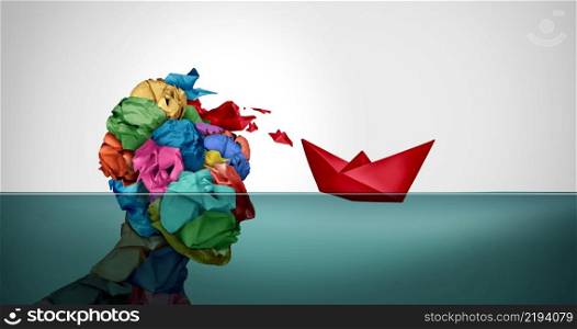 Visual metaphor solutions and Innovative ideas with a designer creative mind concept or brainstorm idea with smart design as a paper human head releasing a boat representing communication strategy in a 3D illustration style.