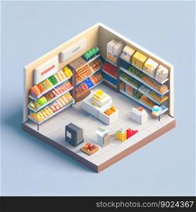 visualization of food shop, 3d, isometric, ai generative. visualization of shop 3d, isometric