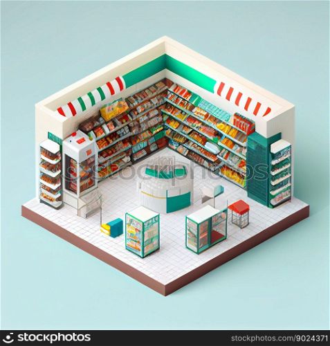visualization of food shop, 3d, isometric, ai generative. visualization of shop 3d, isometric