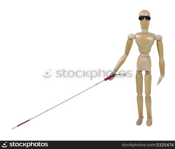 Visually challenged model with a white cane with caution stripe and blackout glasses - path included