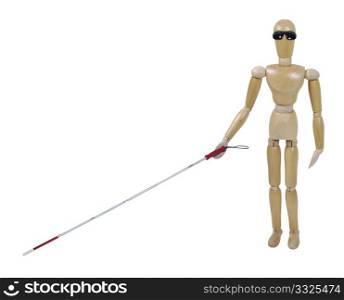 Visually challenged model with a white cane with caution stripe and blackout glasses - path included