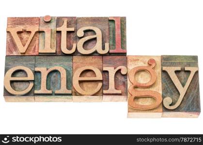 vital energy typography - isolated text in letterpress wood type blocks