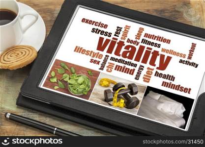 vitality or vital energy concept on a digital tablet, a collage of pictures and word cloud