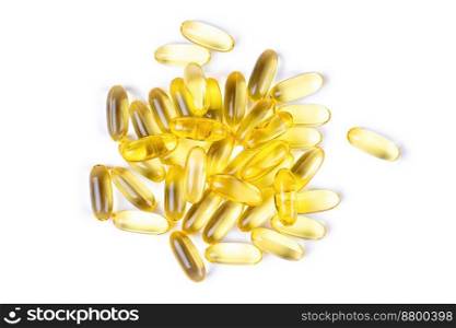 Vitamin D3, omega 3 fish oil supplement softgel capsules isolated on white background mockup. Health care, diet, heart cardiovascular support , skin care, pharmacy concept