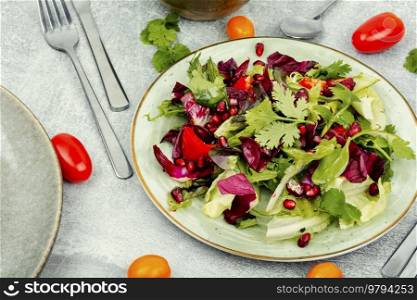Vitamin salad with greens, pepper, red lettuce and cucumber, decorated with pomegranate.. Green vegan salad