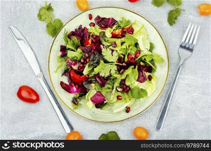Vitamin salad with greens, pepper, red lettuce and cucumber, decorated with pomegranate. Top view. Spring bright vegetable salad.