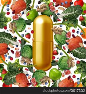 Vitamin supplement and food nutrition pill as a natural nutrient pill with vegetables fruit nuts and beans inside a pharmaceutical capsule with 3D illustration elements.