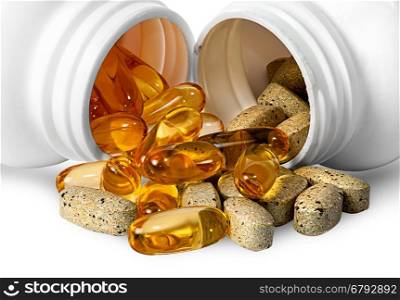 Vitamins and fish oil capsules together isolated on white background