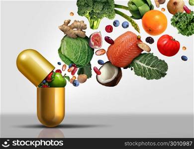 Vitamins supplements as a capsule with fruit vegetables nuts and beans inside a nutrient pill as a natural medicine health treatment with 3D illustration elements.