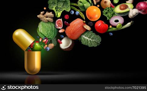 Vitamins supplements nutrition as a capsule with fruit vegetables nuts and beans inside a nutrient pill as a natural medicine health treatment with 3D illustration elements.