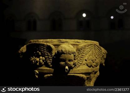 Viterbo, Lazio, Italy: historic buildings by night. Fountain
