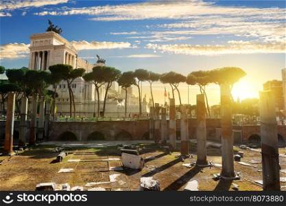 Vittoriano and Forum Traiani in Rome at sunset, Italy