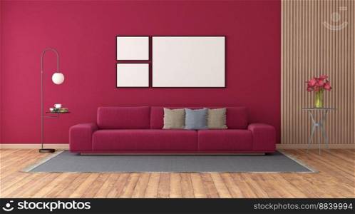 Viva magenta modern livng room with sofa and wooden paneling - 3d render. Viva magenta modern livng room