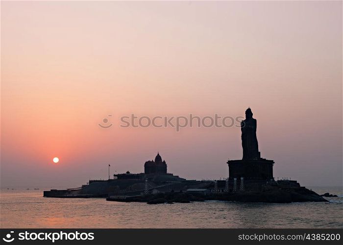 Vivekananda Rock Memorial and Thiruvalluvar Statue at sunrise, India
