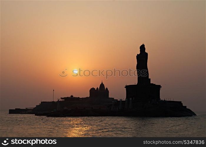 Vivekananda Rock Memorial and Thiruvalluvar Statue at sunrise, India