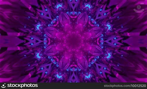 Vivid 3d illustration abstract art visual background with bright neon illumination in shape of geometric flower in pink and blue colors. Shiny geometric flower pattern 3d illustration