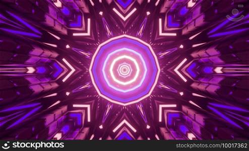 Vivid 3d illustration abstract visual background with repetitive octagonal center and kaleidoscopic geometric ornament in bright neon colors. Radiant kaleidoscope geometric background 3d illustration