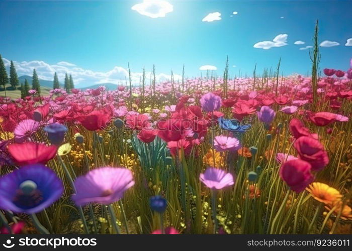 Vivid and bright flowers in a field with photorealistic landscapes in spring and summer. Help save the planet! by generative AI