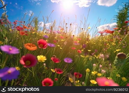 Vivid and bright flowers in a field with photorealistic landscapes in spring and summer. Help save the planet  by generative AI