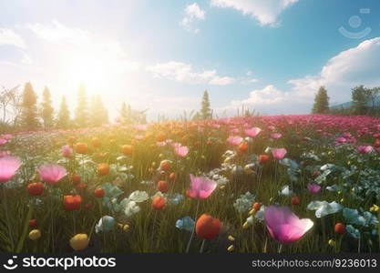 Vivid and bright flowers in a field with photorealistic landscapes in spring and summer. Help save the planet! by generative AI