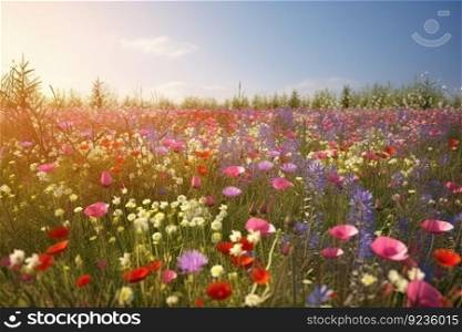Vivid and bright flowers in a field with photorealistic landscapes in spring and summer. Help save the planet  by generative AI