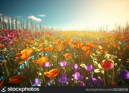 Vivid and bright flowers in a field with photorealistic landscapes in spring and summer. Help save the planet  by generative AI