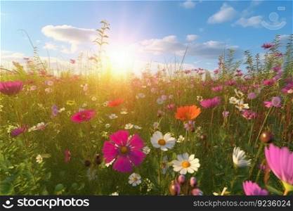 Vivid and bright flowers in a field with photorealistic landscapes in spring and summer. Help save the planet! by generative AI