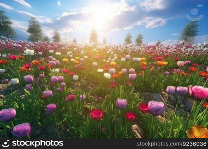 Vivid and bright flowers in a field with photorealistic landscapes in spring and summer. Help save the planet! by generative AI