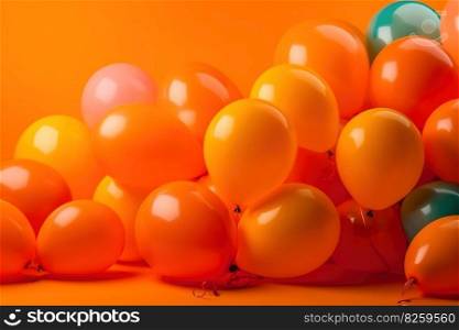 Vivid Colorful balloons on orange background. Concept party. Generative AI