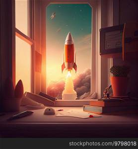Vivid Rocket Starting Fly From a Desk. Illustration.