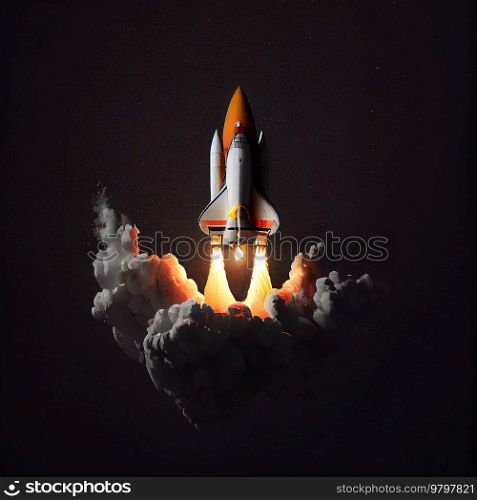 Vivid Rocket Starting Fly on Black Background. Illustration.