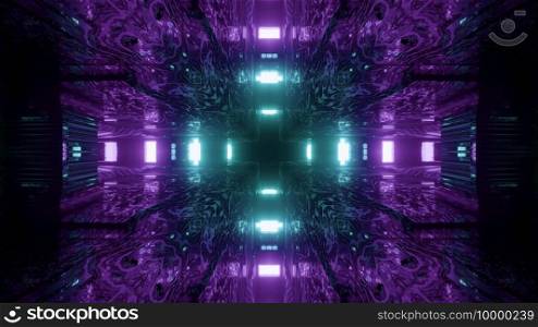 Vivid sci fi 3d illustration abstract art visual background of fantastic space travel tunnel with cross shaped neon lights in blue and purple colors. Glowing neon cross shaped design 3d illustration