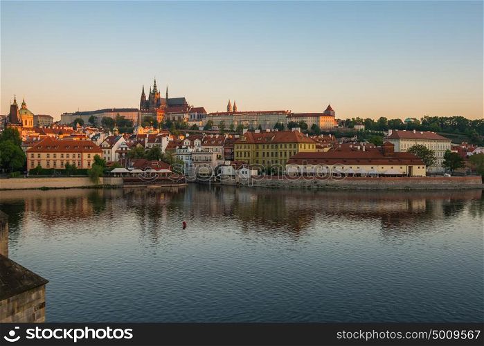 Vltava River and Prague city skyline in Czech Republic.