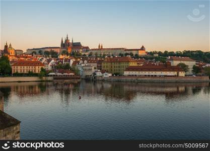 Vltava River and Prague city skyline in Czech Republic.