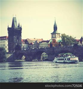 Vltava river in Prague. Retro style filtred image