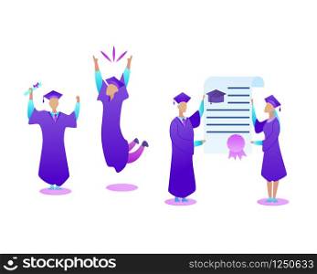 Vocational Education Specialists Graduating. Online Learning, Cheerful Young Man and Woman Dressed in Mantle and Academical Cap Holding Diploma Celebrating Graduation. Flat Vector Illustration.. Vocational Education Specialists Graduating.