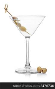 Vodka martini gin cocktail in classic glass with olives on bamboo stickwith fresh green olives on white background.