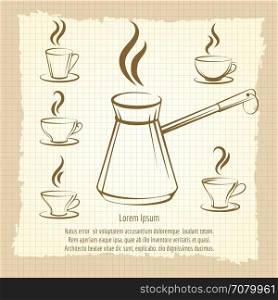 Voffee maker and cups vintage poster. Vintage poster with coffee maker and cups of coffee. Vector hand drawn coffee design
