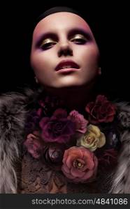 Vogue portrait of a woman. Fashion concept photo. Art installation. Flower.