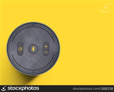 Voice assistant device, portable wireless speaker on plain yellow background - copy space