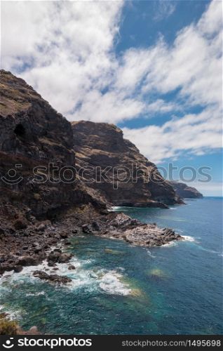 Volcanic Coastline and cliffs in Tijarafe, La Palma, Canary islands, Spain.