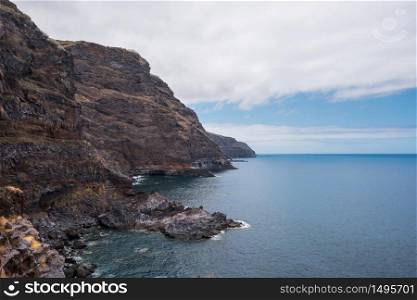 Volcanic Coastline and cliffs in Tijarafe, La Palma, Canary islands, Spain.