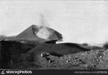 Volcanic Cones parasites of Etna, Sicily, vintage engraved illustration. From the Universe and Humanity, 1910.