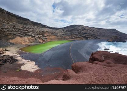 Volcanic green lake (El charco de los clicos) in Lanzarote, Canary islands, Spain.