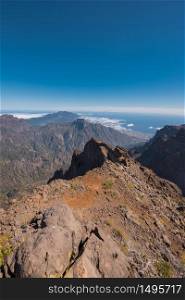 Volcanic landscape in Roque de los muchachos, highest peak of la Palma island, Canary island, Spain.